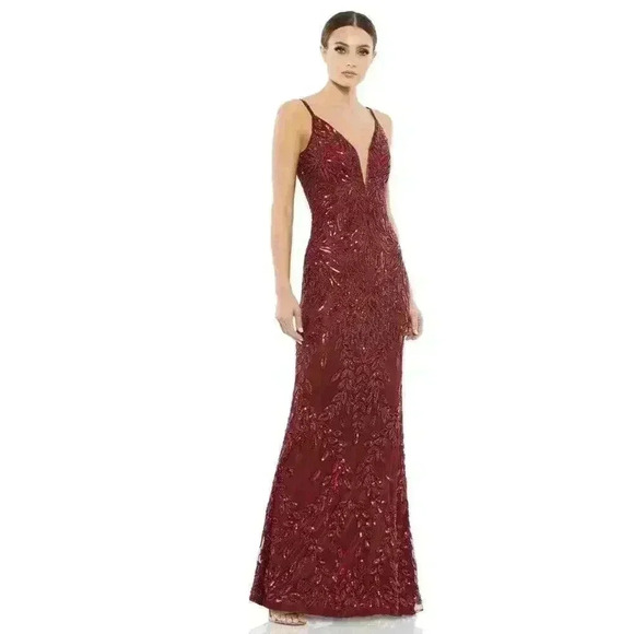 Mac Duggal Plunging V Neck Embellished Leaf Evening Gown 12 Burgundy 5107 Train - Picture 2 of 10